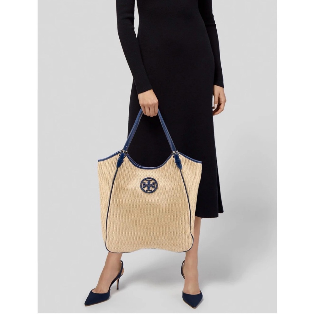 Tory Burch Leather Trim Raffia Tote Bag